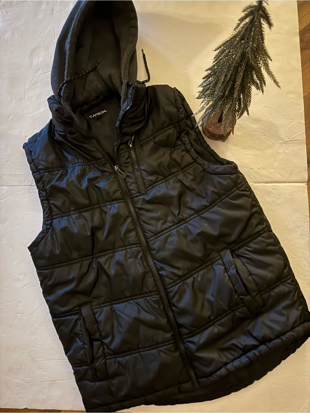 Carbon Black Quilted Hooded Puffer Vest
